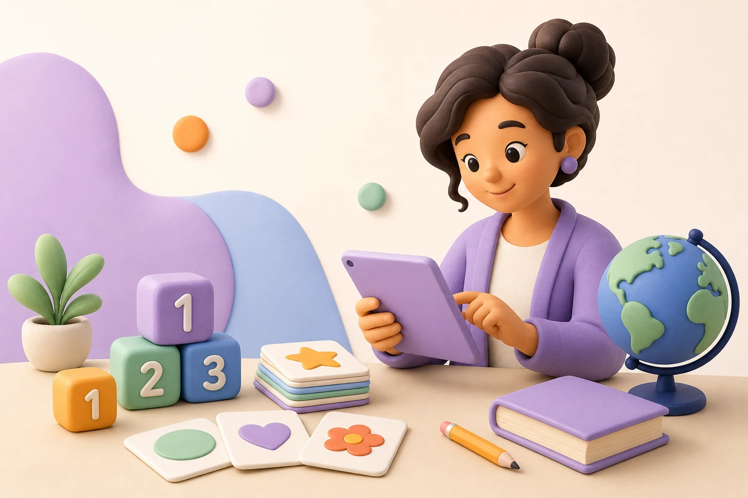 A friendly educator using a tablet with books, number blocks and a globe